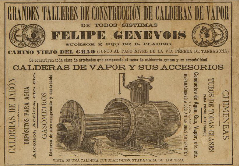 Anuncio histórico de los talleres de construcción de calderas de vapor de Felipe Genevois